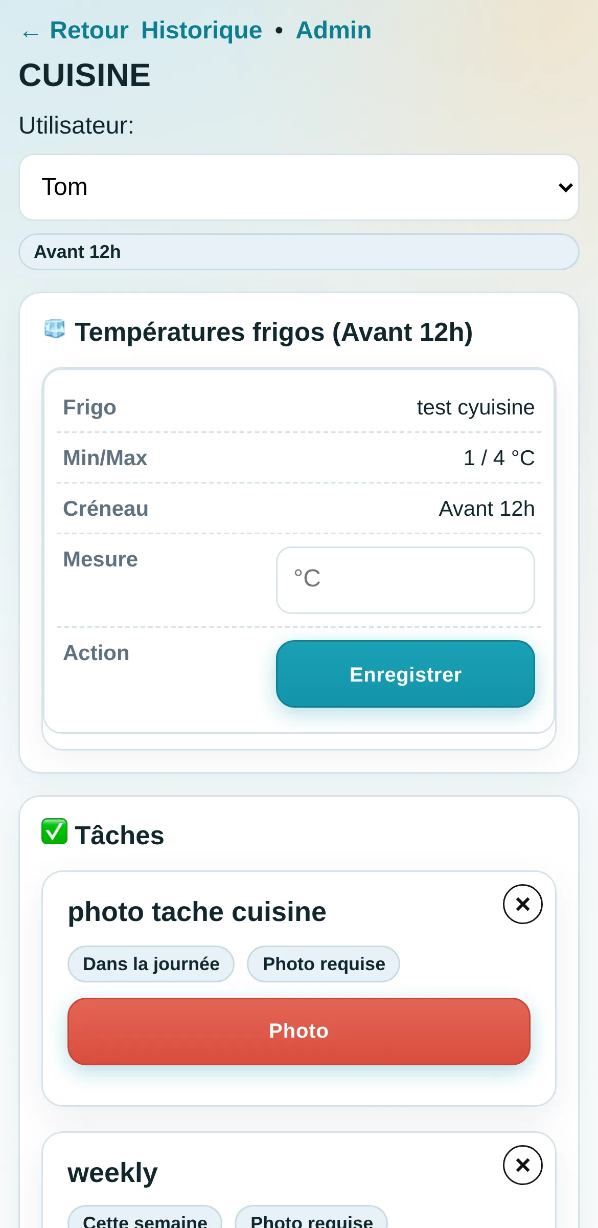 BEQUALITY sur téléphone : relevés de température et tâches du poste cuisine