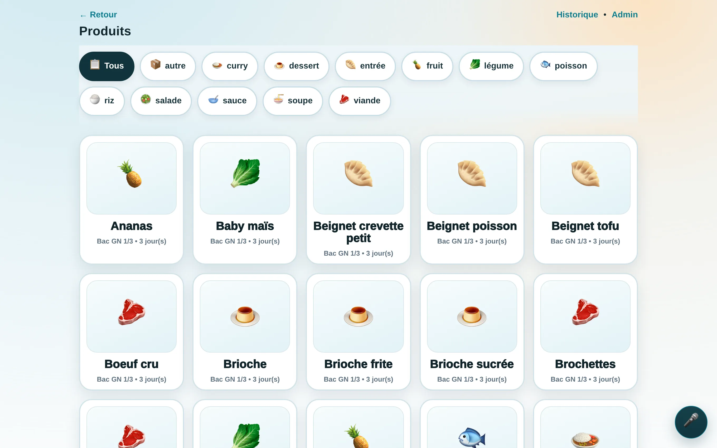 Écran Produits de BEQUALITY : catalogue par catégories avec durées de conservation