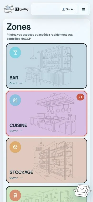 BEQUALITY sur mobile : zones, tâches cuisine, relevés de frigos et historique des contrôles