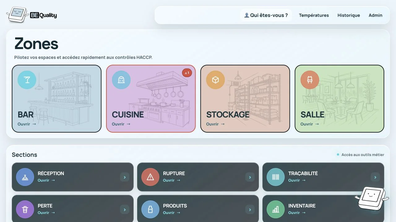 BEQUALITY sur tablette : catalogue de produits illustrés, opérations DLC, formats GN et suivi des températures