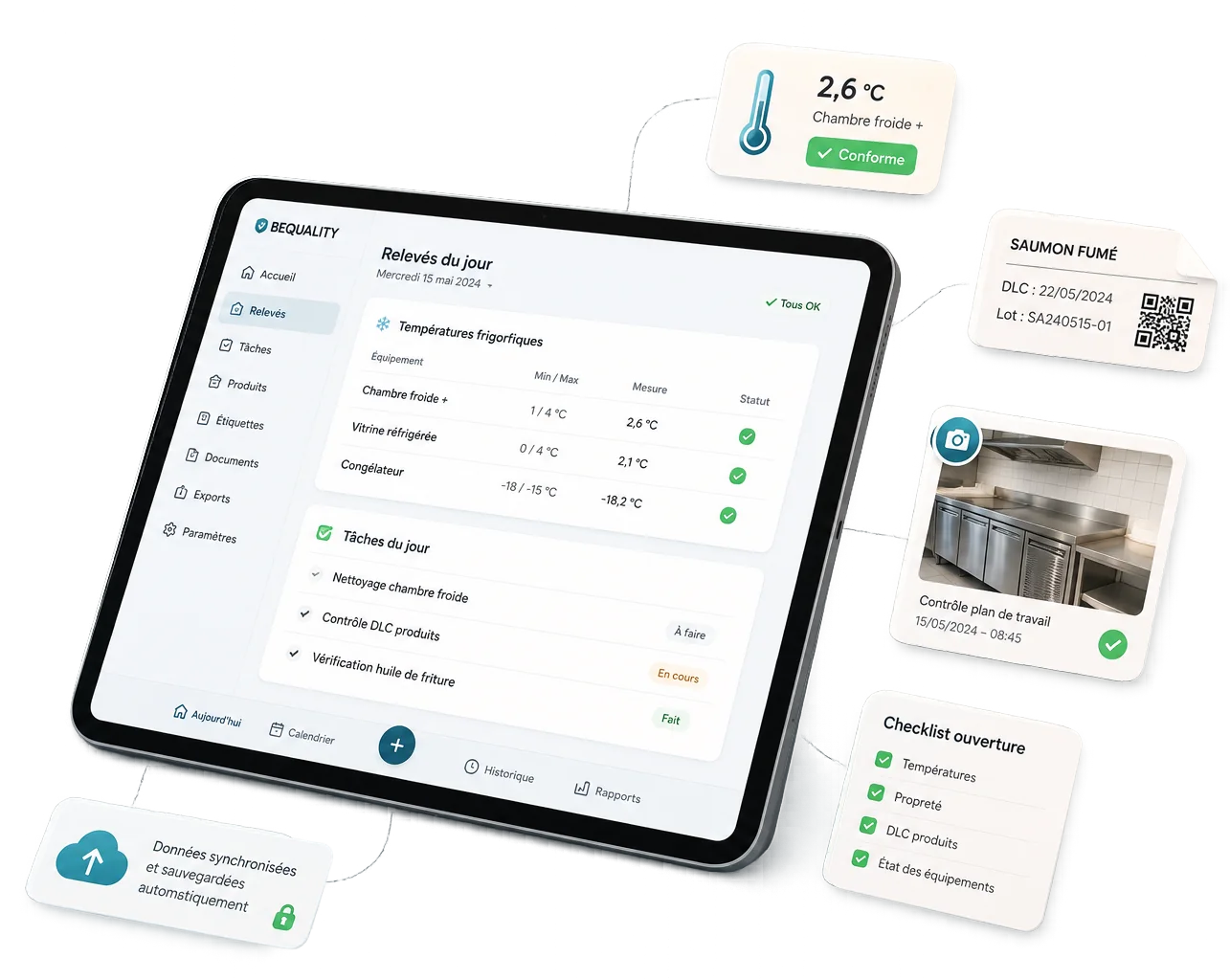 BEQUALITY : relevés, tâches, étiquettes et contrôles HACCP sur tablette
