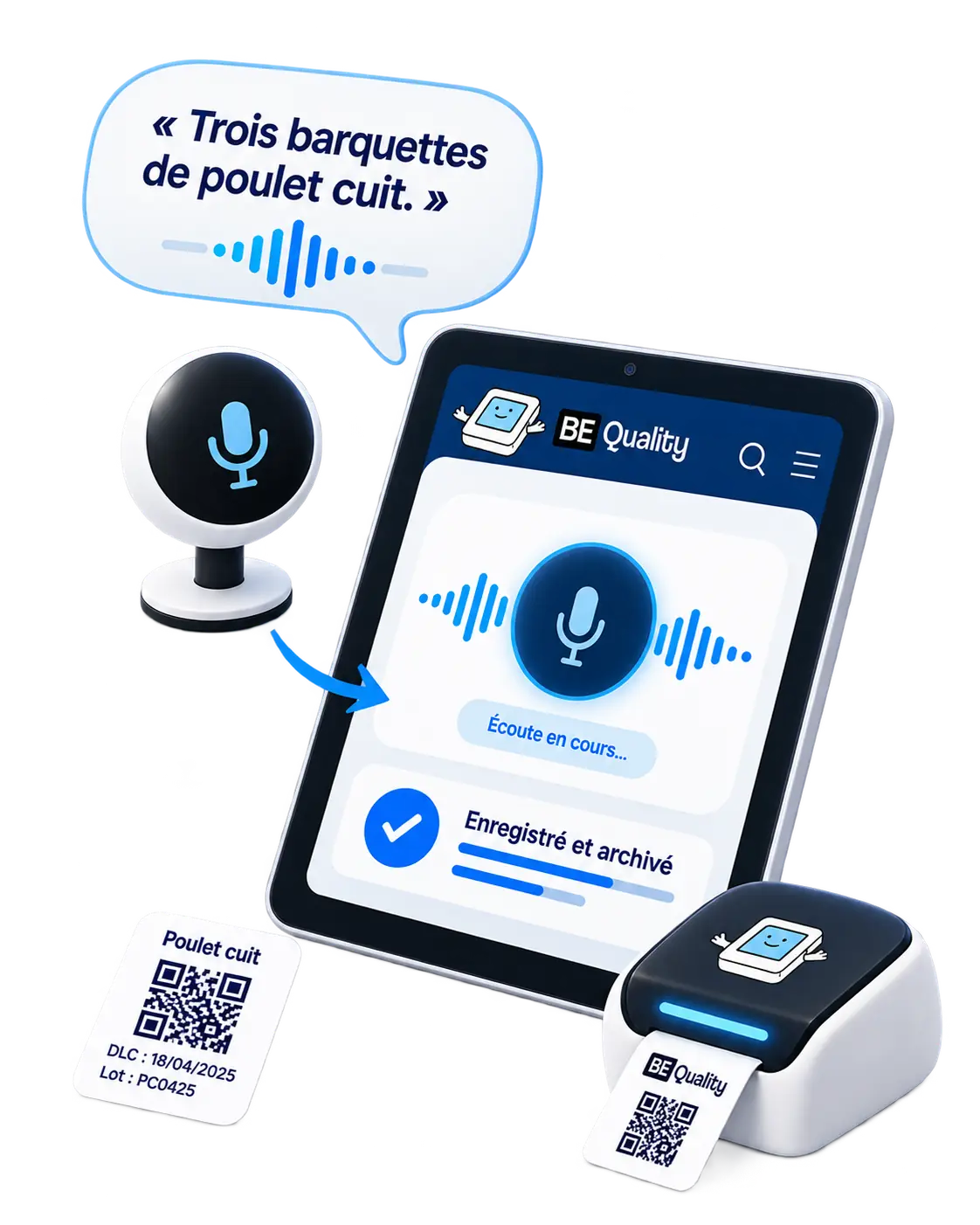 BEQUALITY transforme une commande vocale en production tracée, étiquette QR et impression